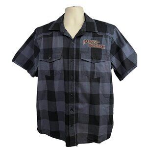 Harley Davidson Mechanic Garage Plaid Gray Black Button Up Shirt Large Pockets